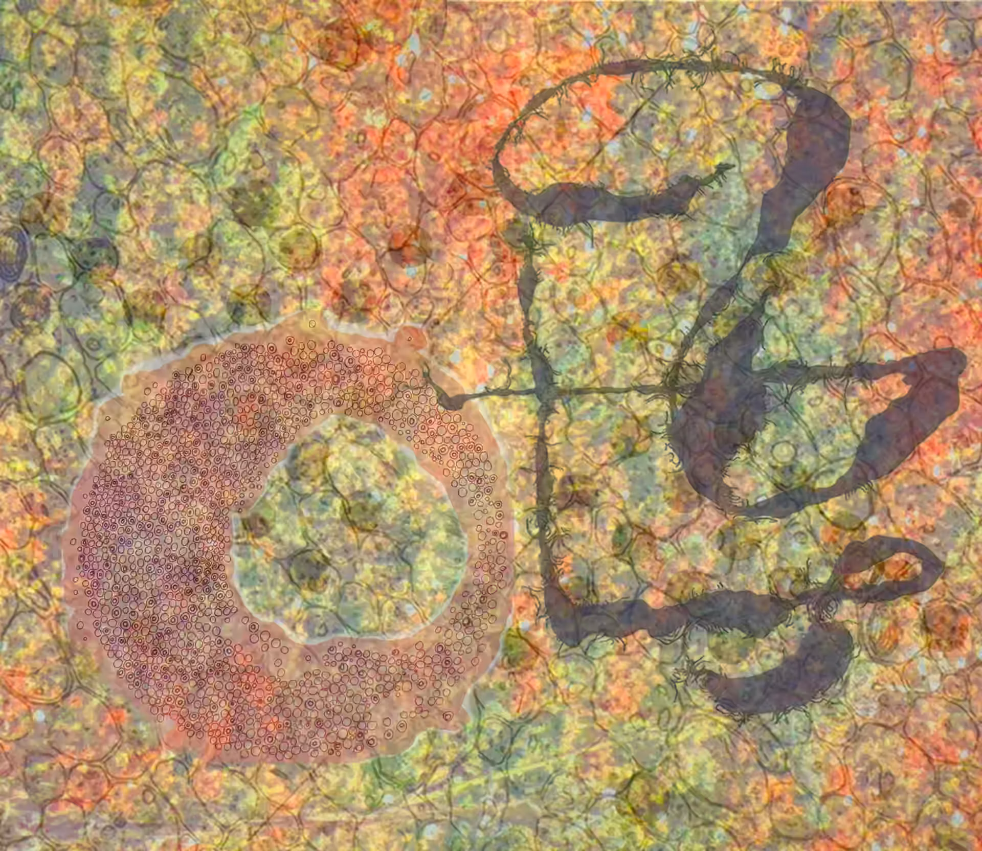 Abstract painting of a mottled green and coral field with a dark calligraphic glyph and a speckled ring form