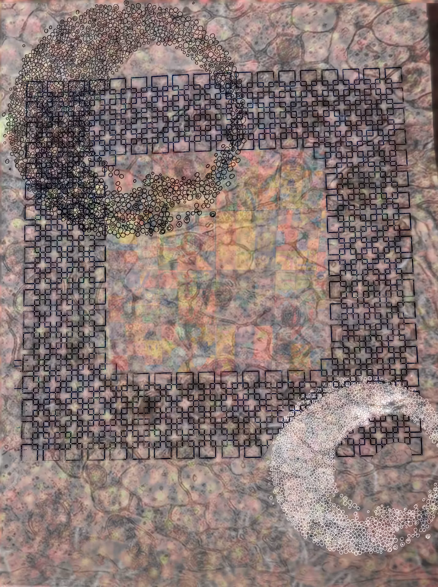 Abstract painting in muted mauve and taupe tones with layered, softly textured surfaces