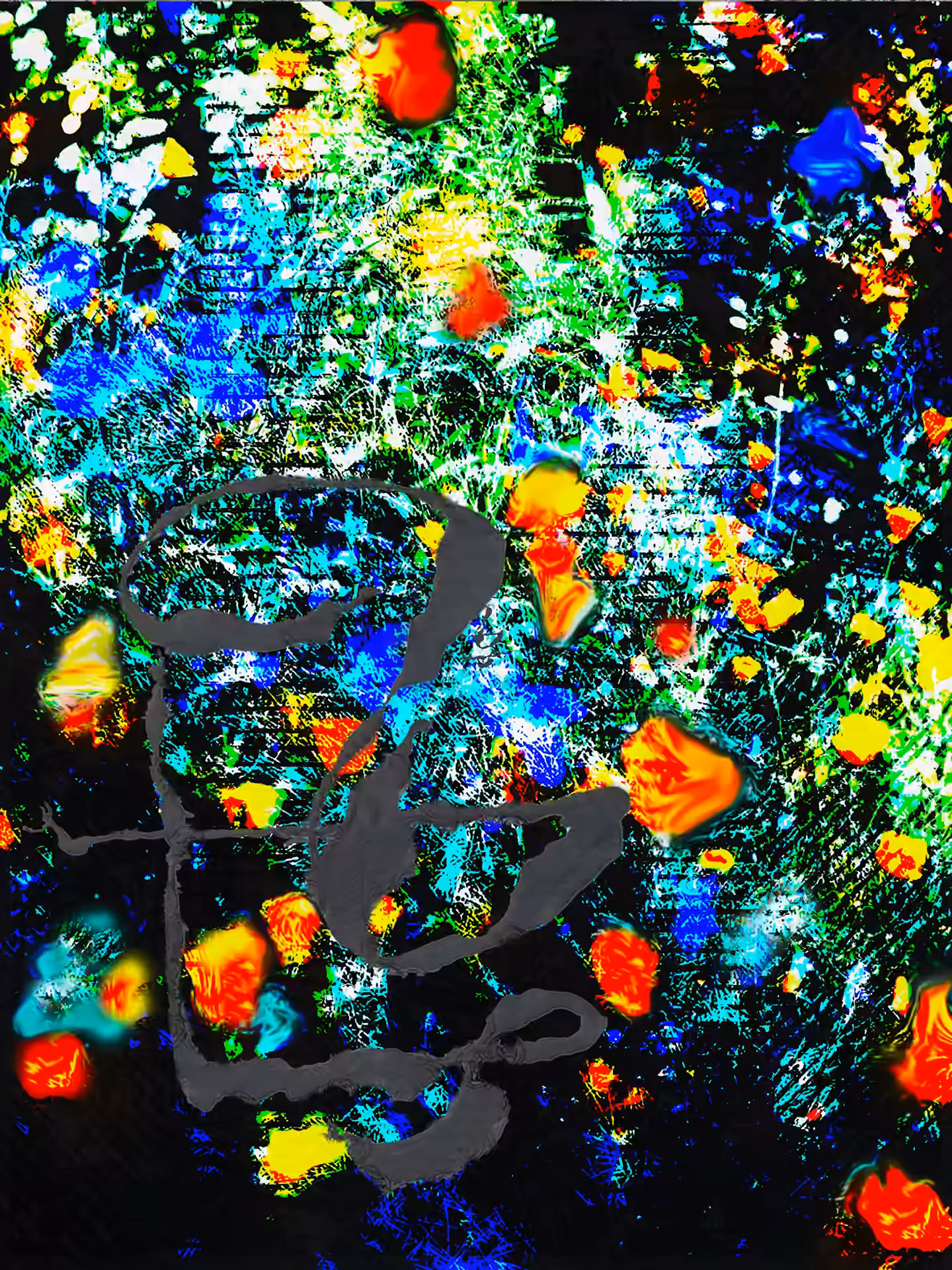 Abstract painting of vivid blue, green, and yellow speckles scattered over a near-black ground with a gray calligraphic glyph
