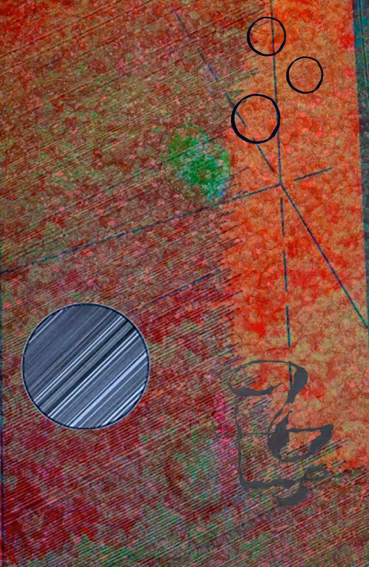 Abstract painting in earthy red-brown and violet tones with nested organic forms