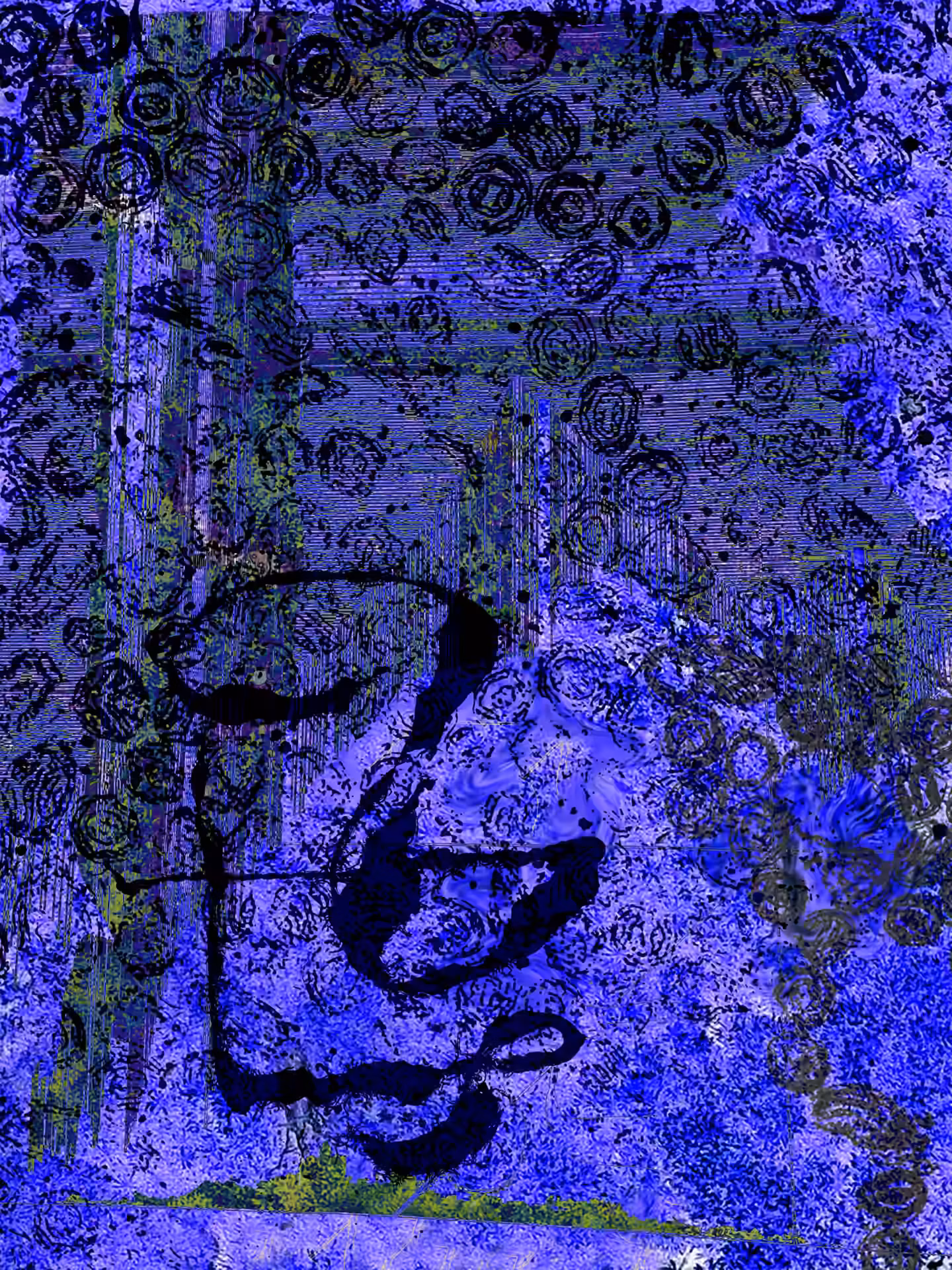 Abstract painting of a deep ultramarine and violet field with patterned circles and a black calligraphic glyph