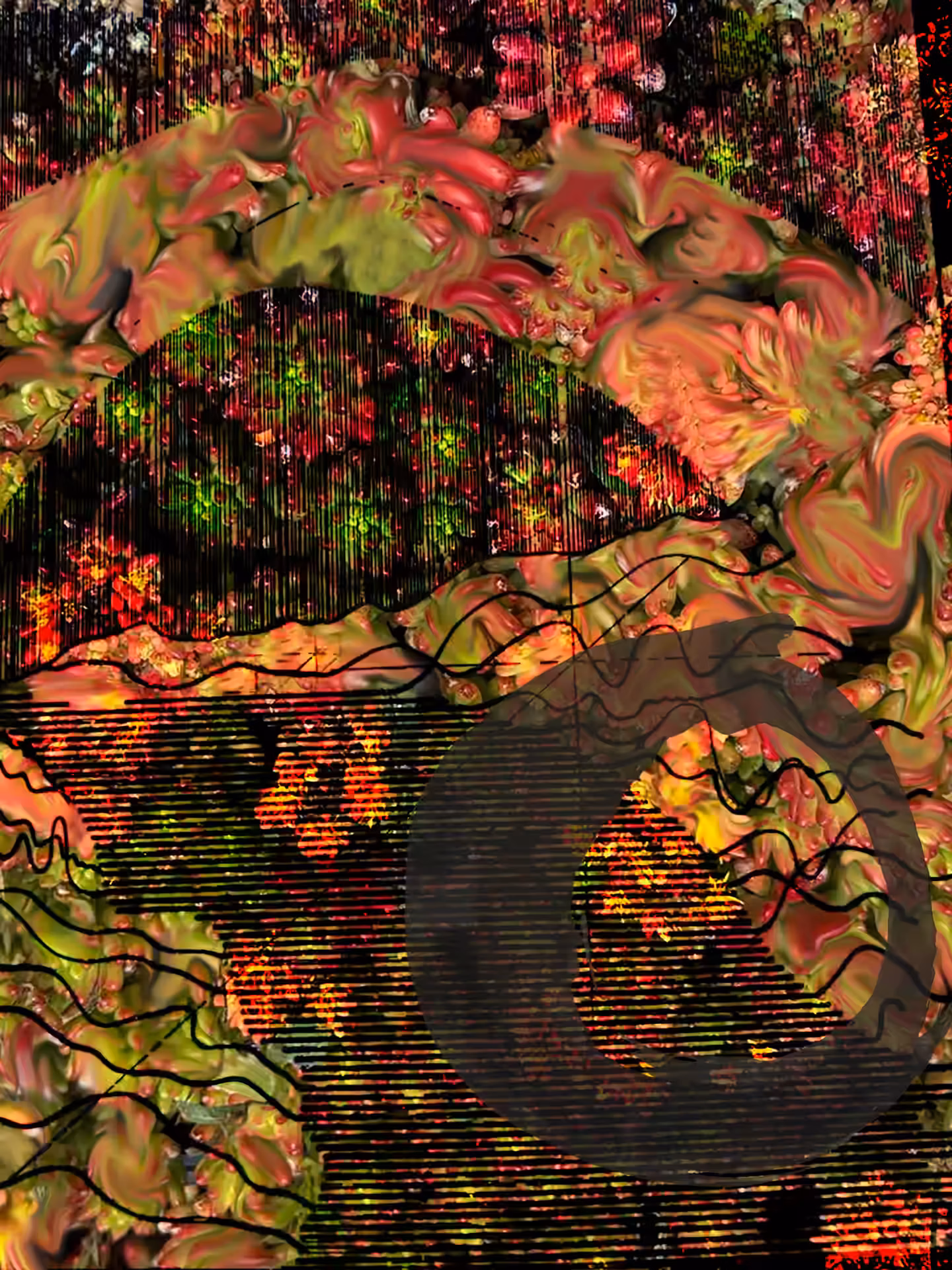Abstract painting in dark amber and brown tones with arcing layered forms