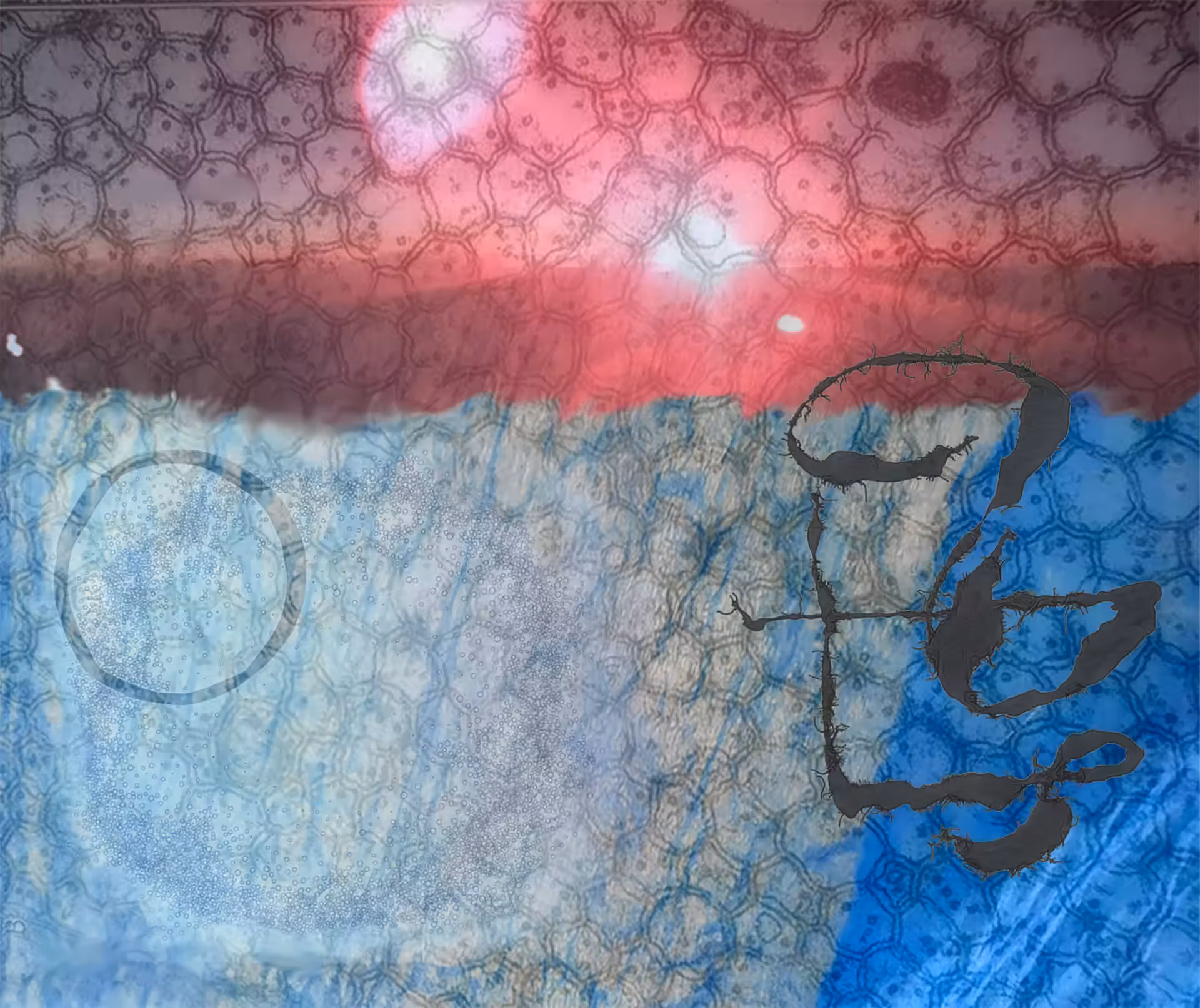 Abstract painting of blue, pink, and rose water tones with flowing layered washes